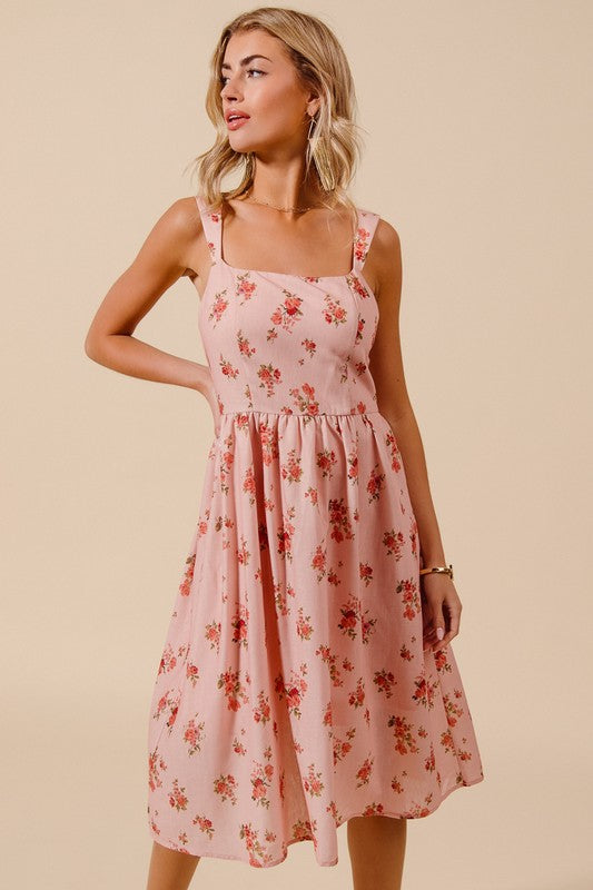 Floral Print Square Neck Smocked Back Midi Dress