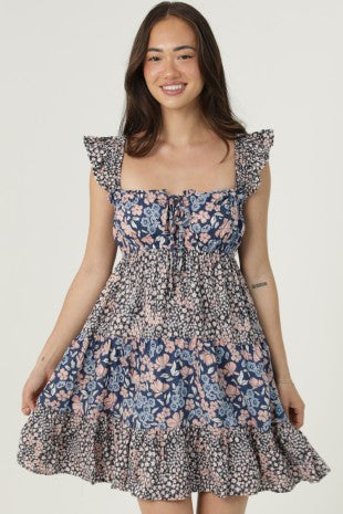 Mix Print Flutter Sleeve Dress