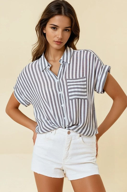 Striped Short Sleeve Shirt With Rolled Cuffs