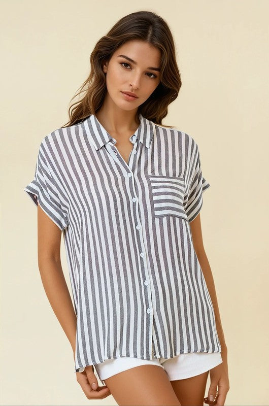Striped Short Sleeve Shirt With Rolled Cuffs