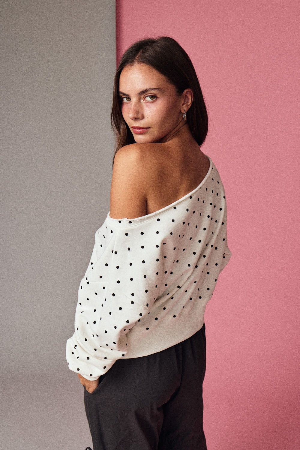 White Polka Dot Off Shoulder Sweatshirt