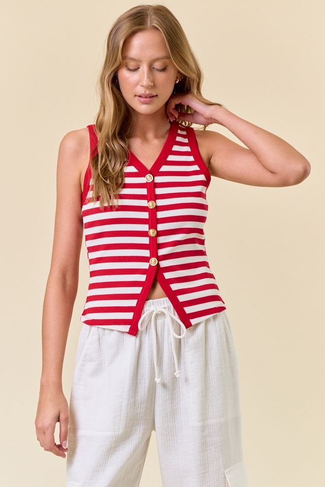 Red Stripe Button Front Tank