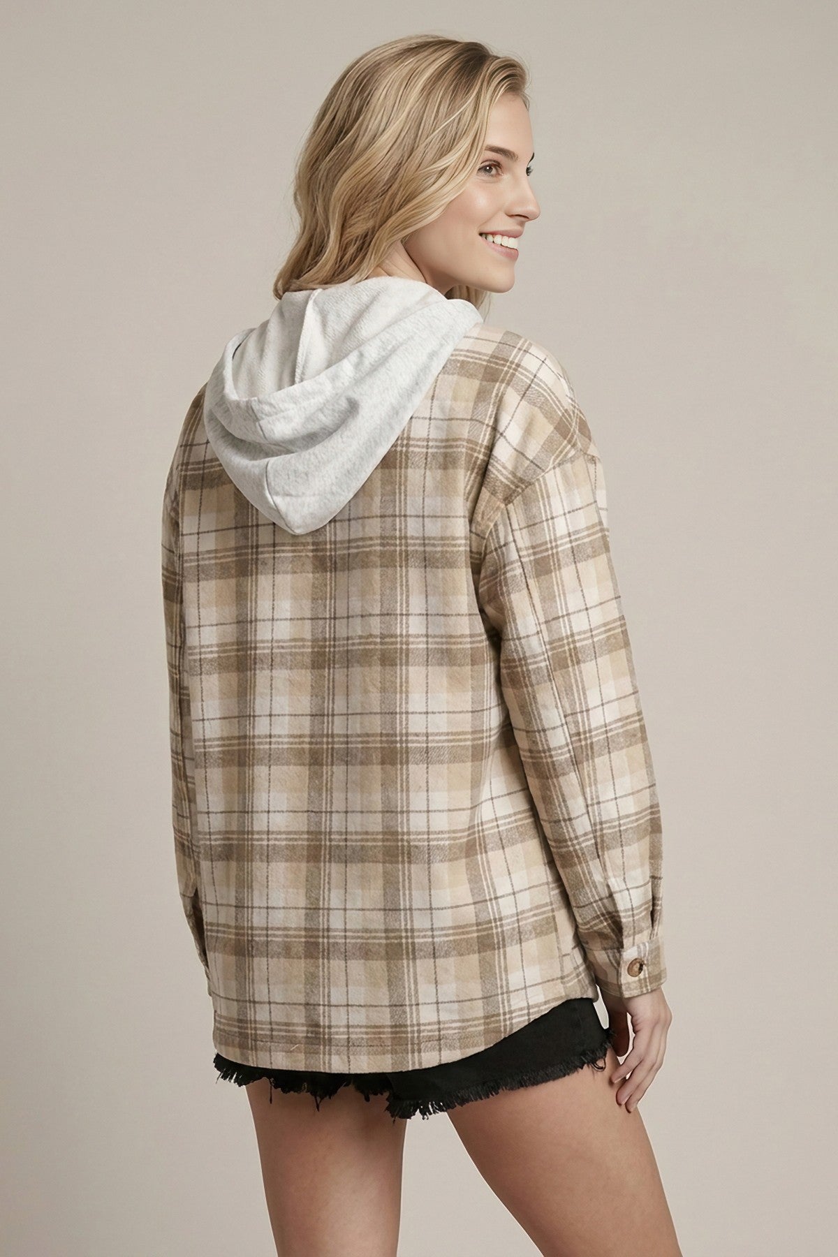 Beige Plaid Hooded Shacket