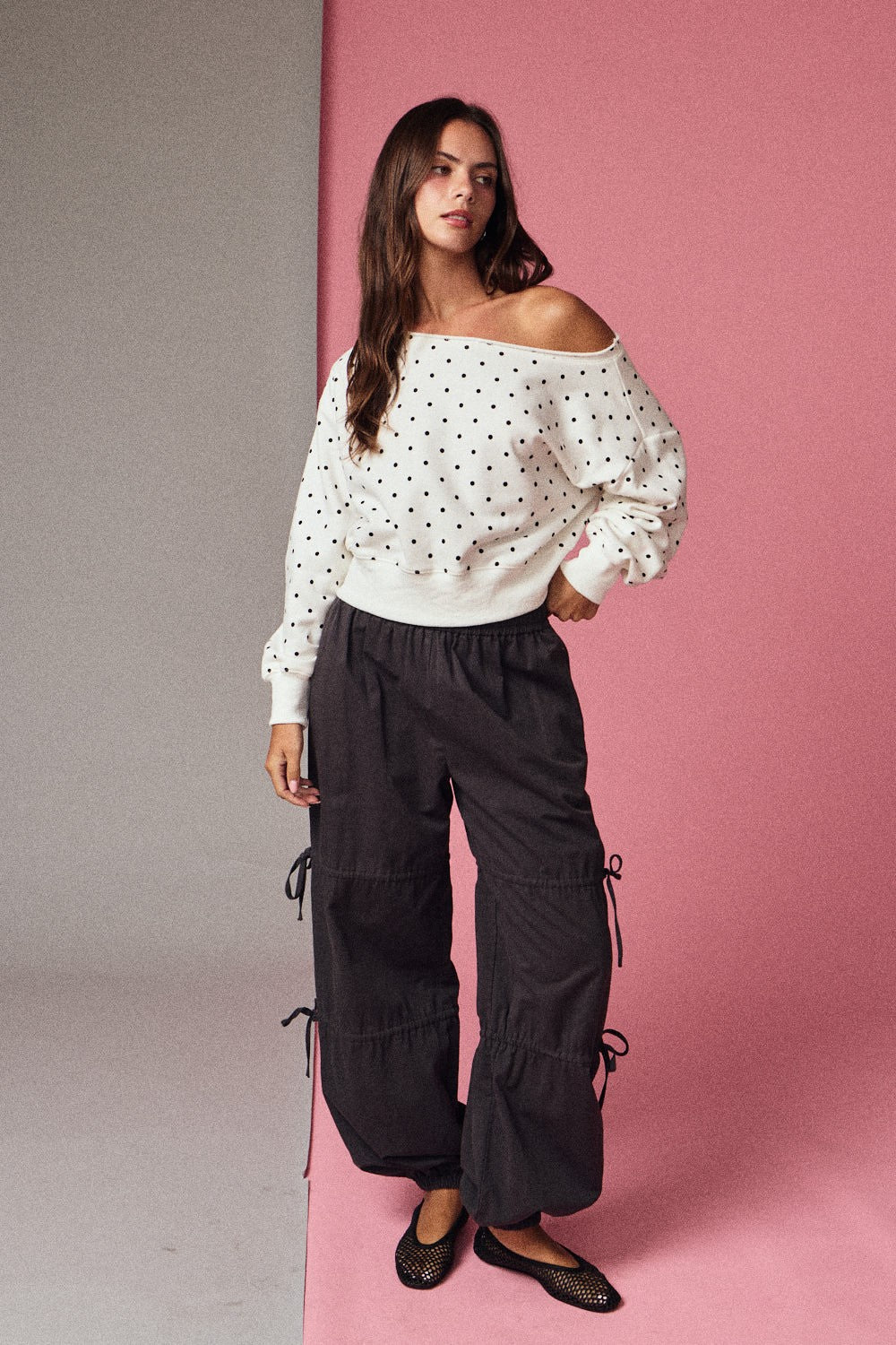 White Polka Dot Off Shoulder Sweatshirt