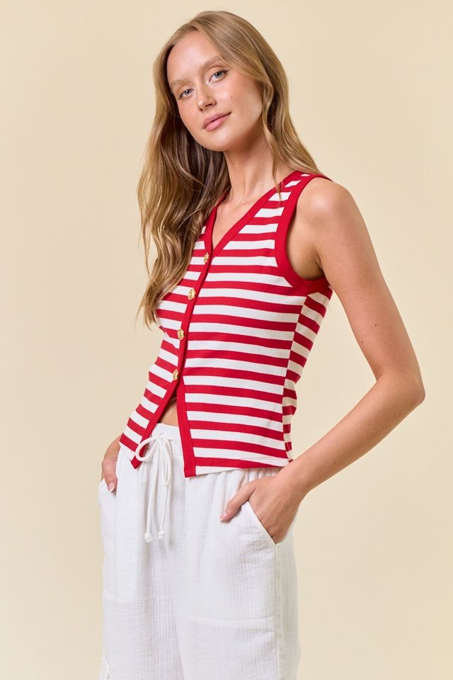 Red Stripe Button Front Tank