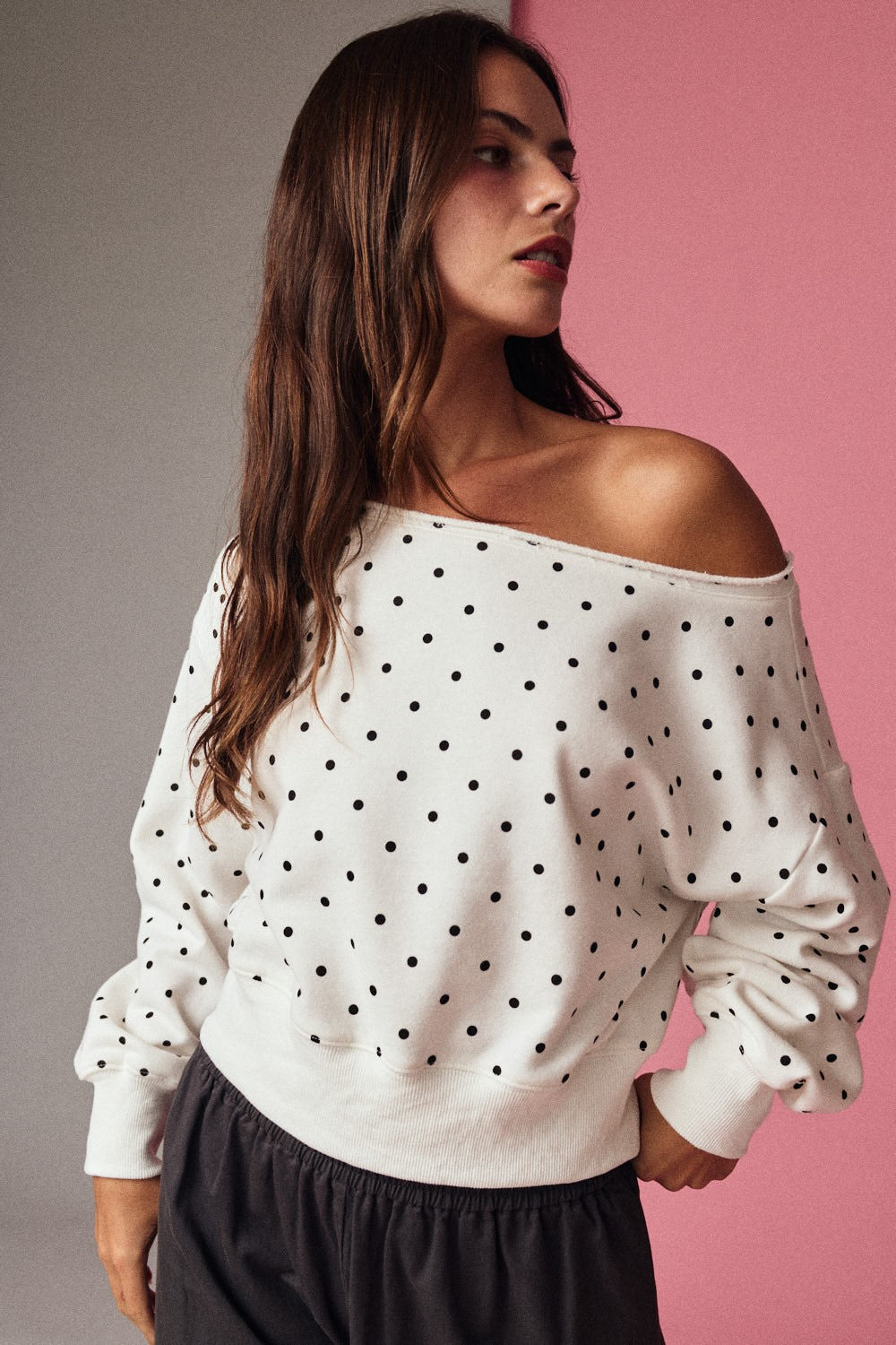 White Polka Dot Off Shoulder Sweatshirt