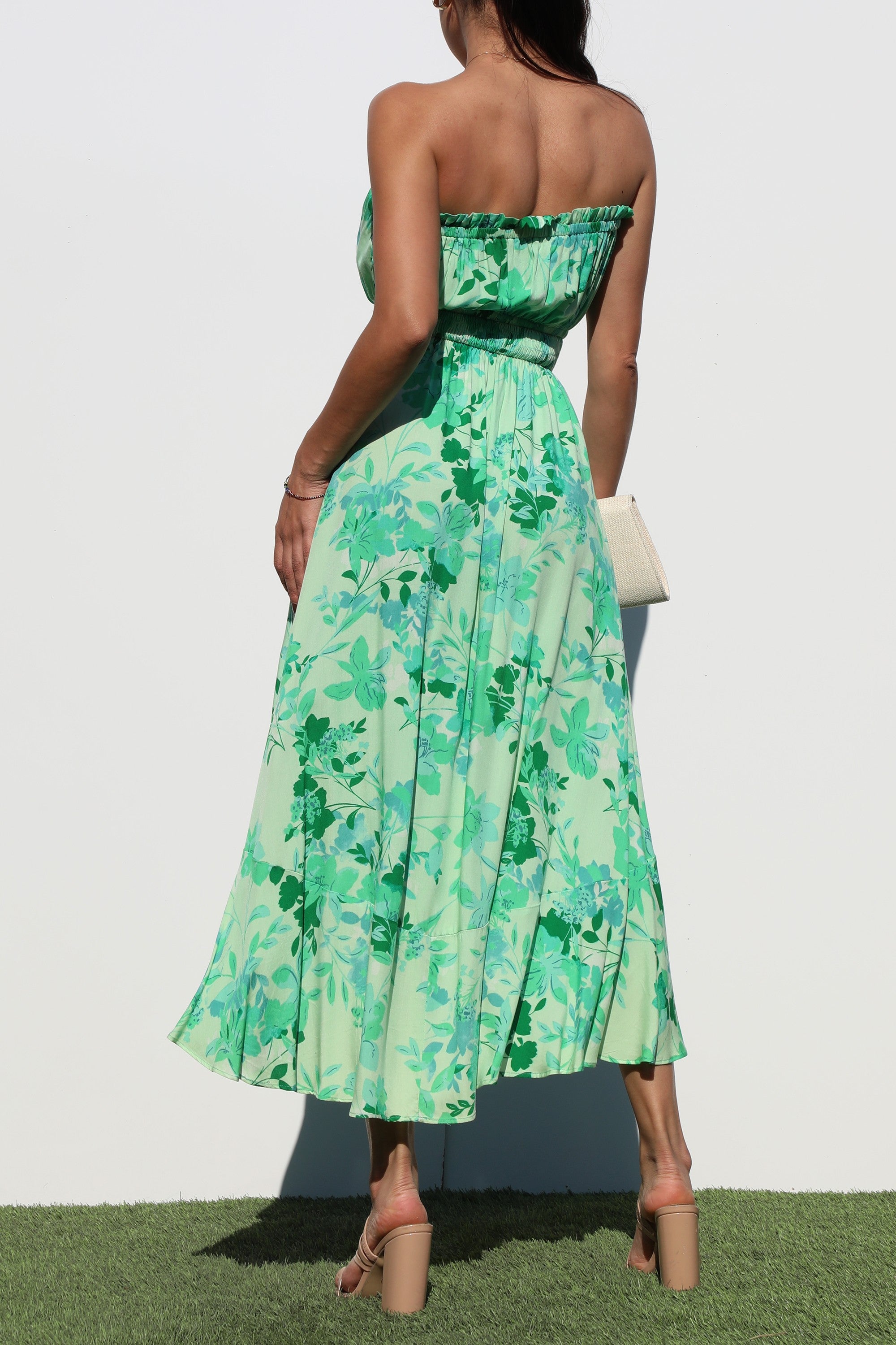 strapless floral midi dress