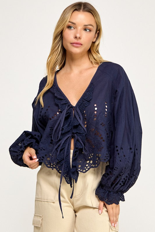 Navy Scalloped Eyelet Blouse