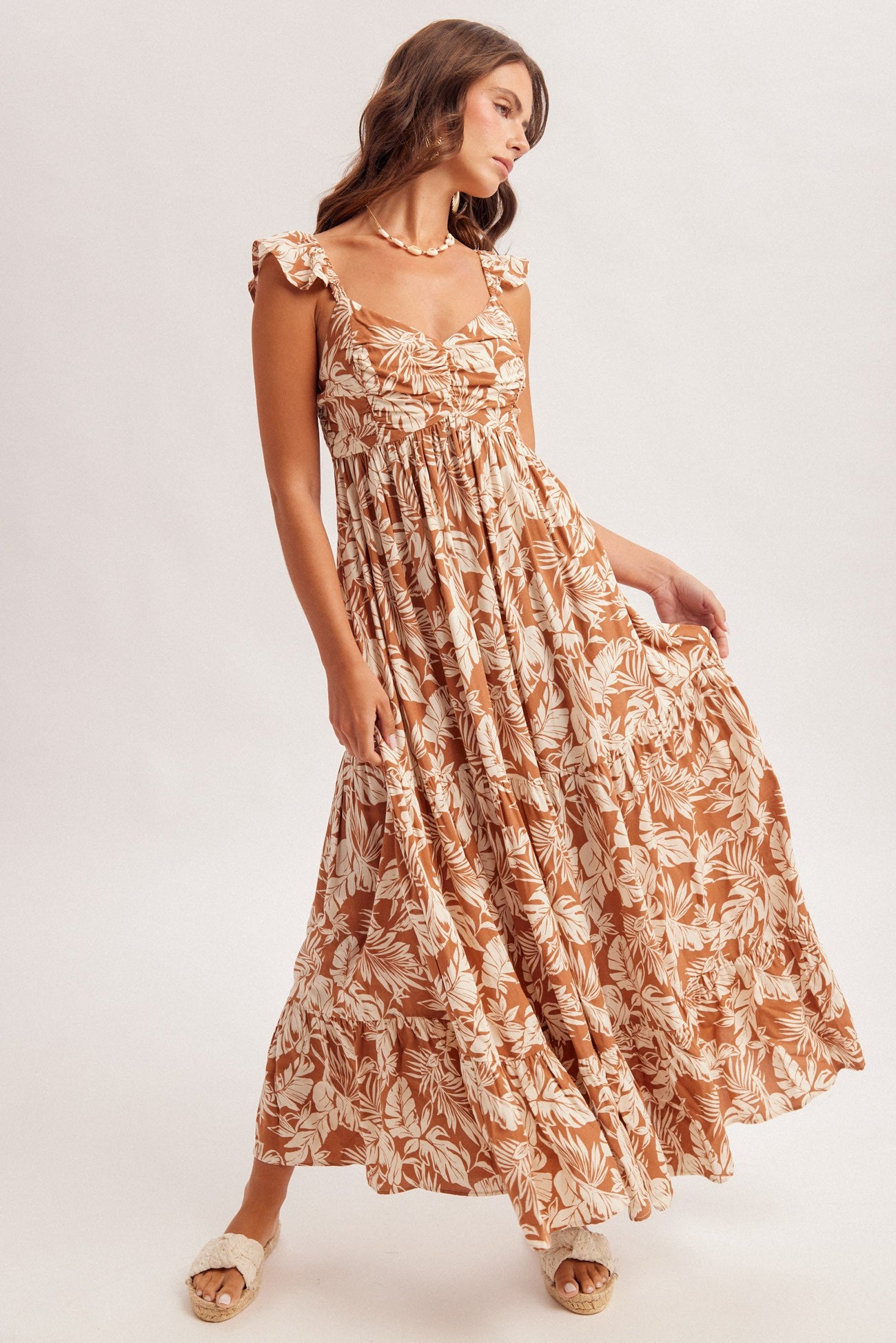 Ruffle Strap Shirred Detail Maxi