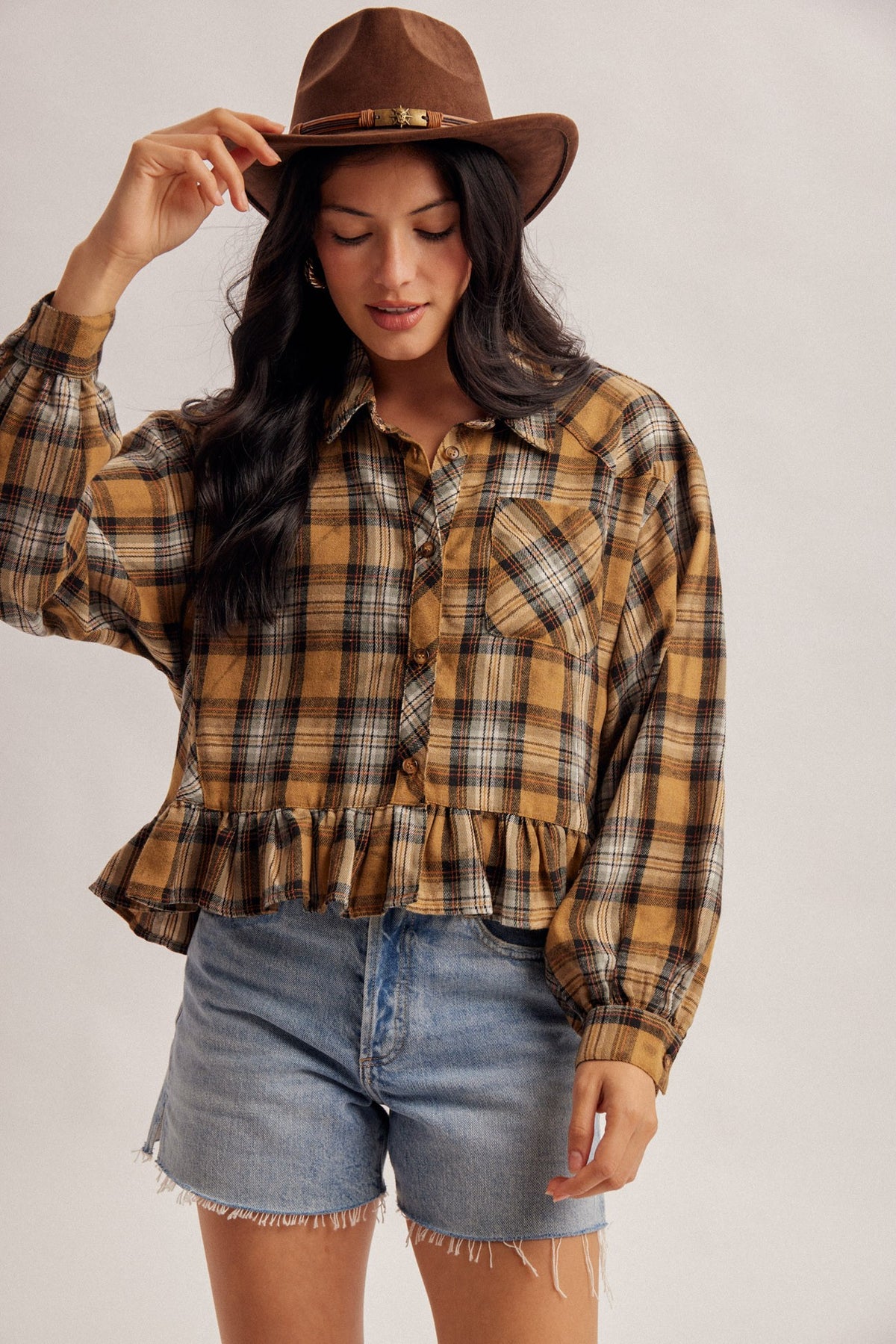 Taupe Frill Bottom Button Down Top