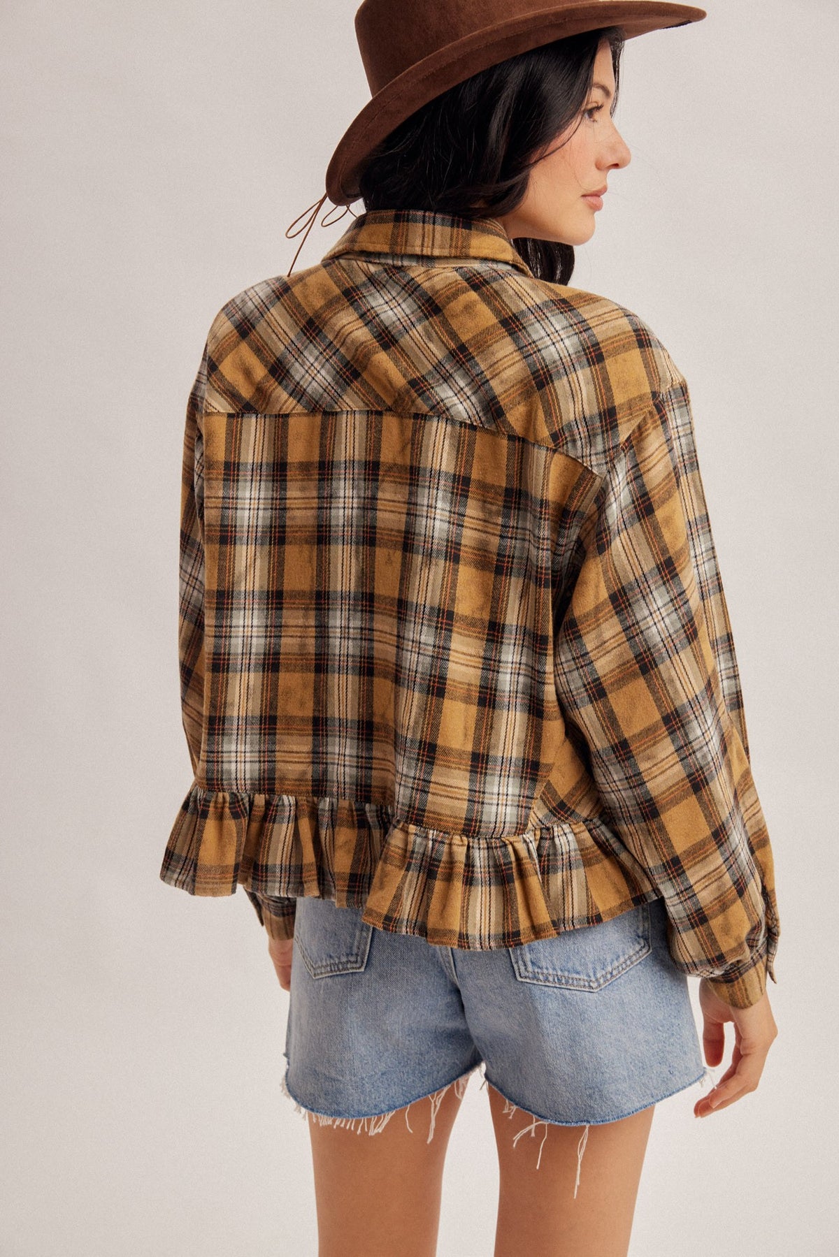 Taupe Frill Bottom Button Down Top