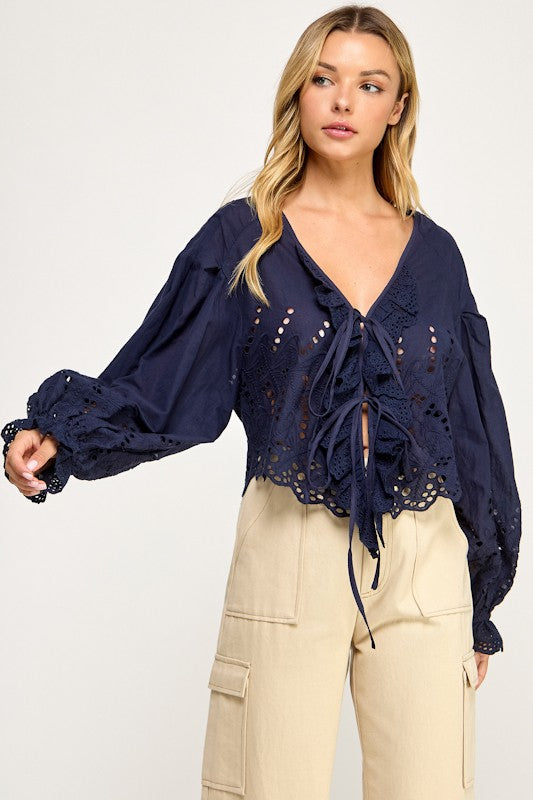 Navy Scalloped Eyelet Blouse