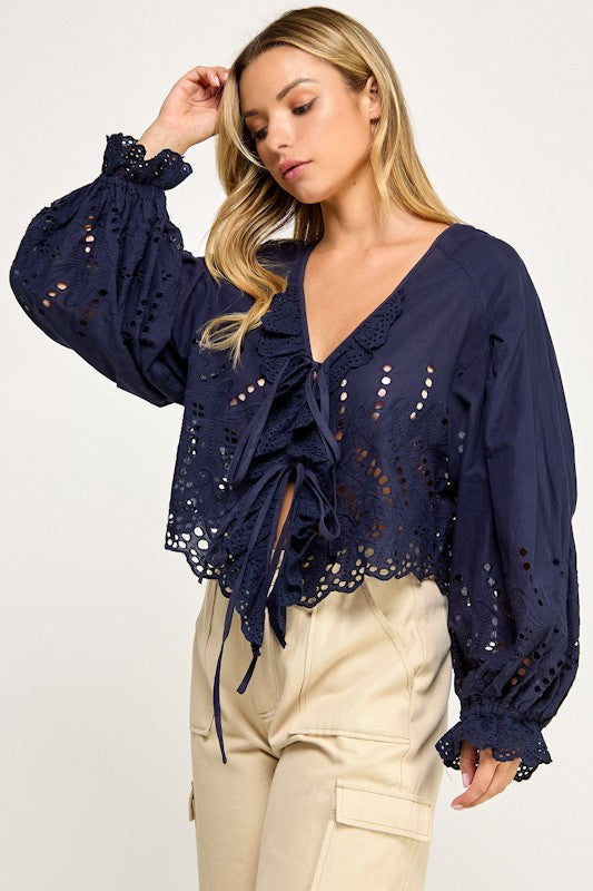Navy Scalloped Eyelet Blouse