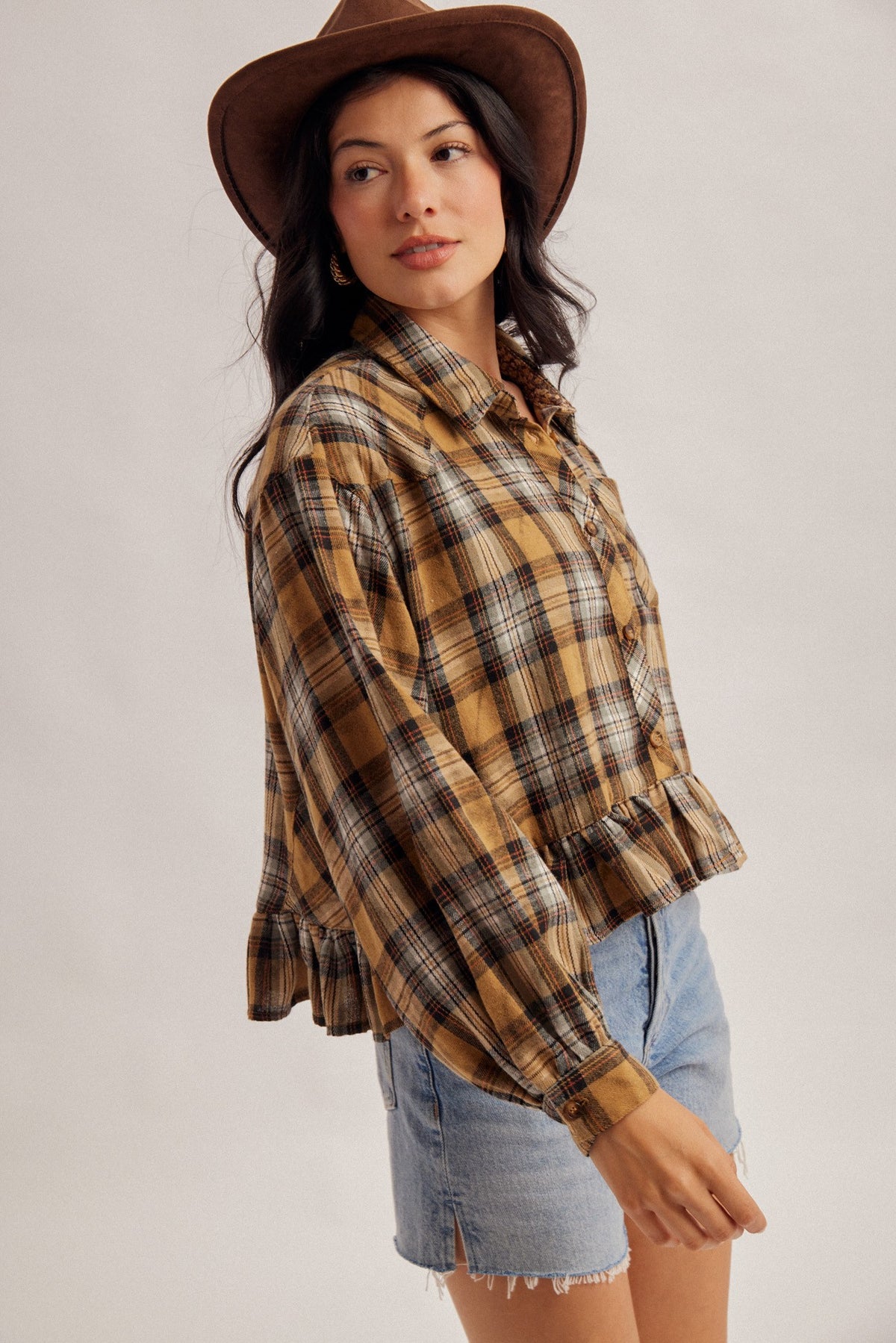 Taupe Frill Bottom Button Down Top