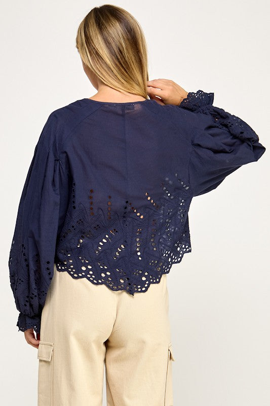 Navy Scalloped Eyelet Blouse
