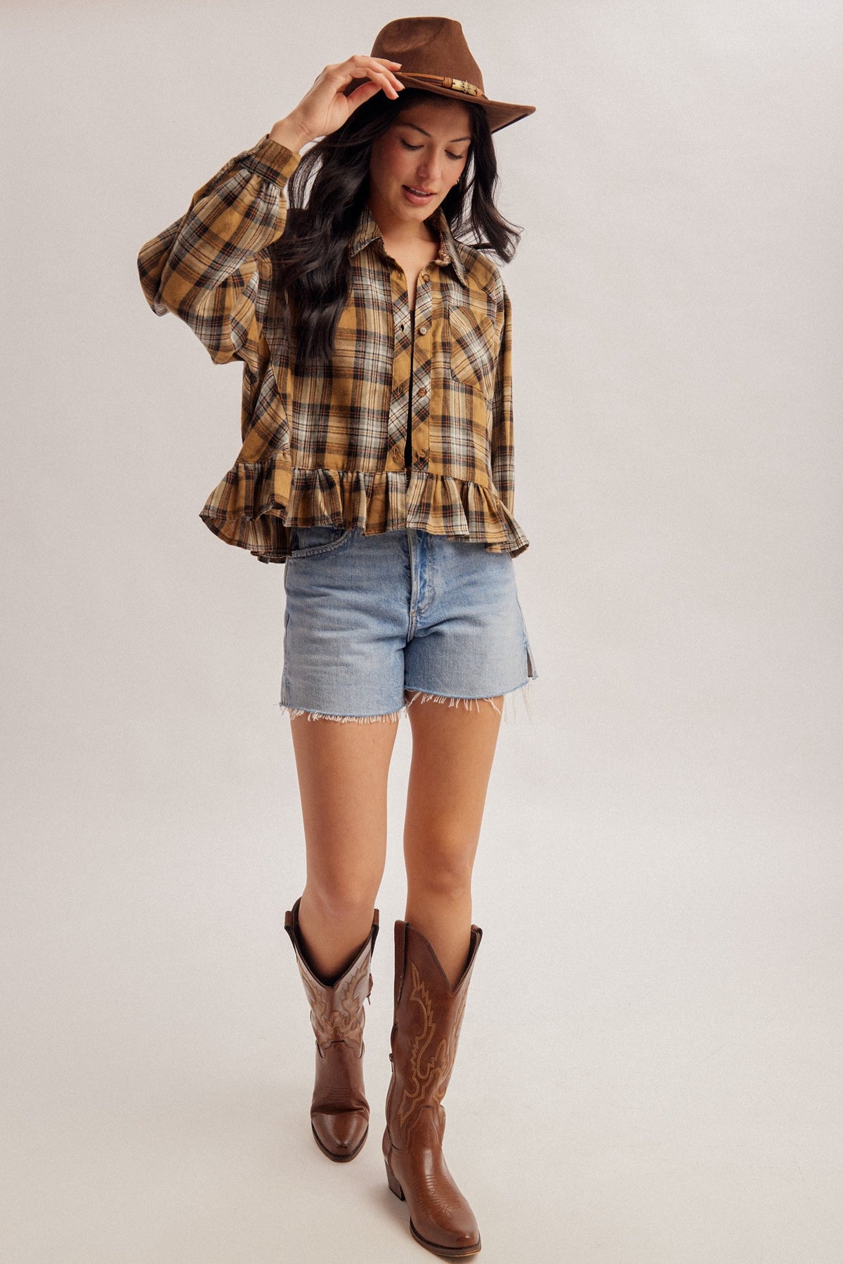 Taupe Frill Bottom Button Down Top