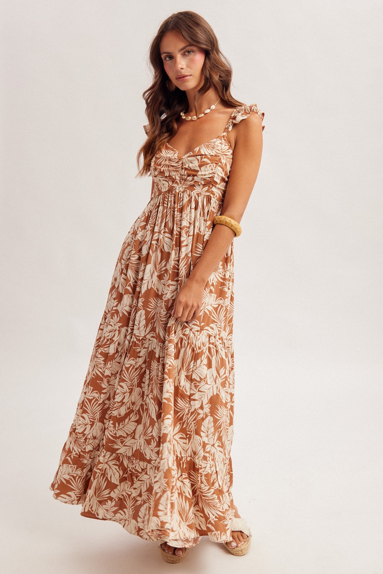 Ruffle Strap Shirred Detail Maxi