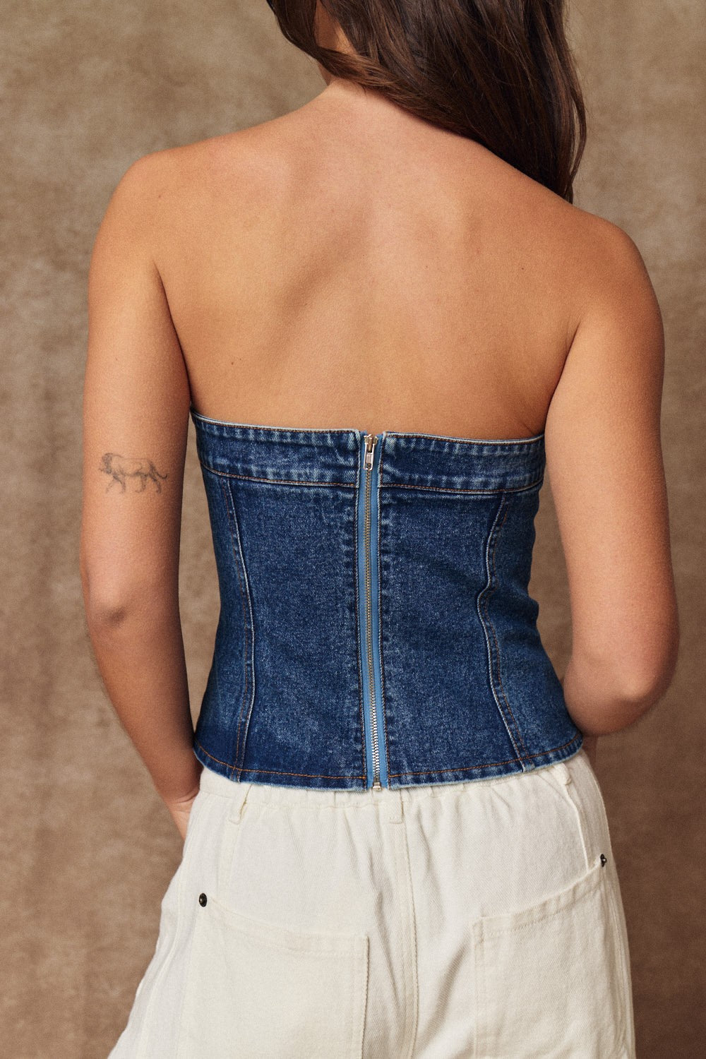 Strapless Asymmetrical Denim Bustier Top