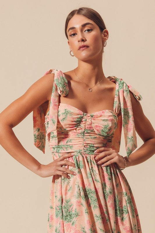 Floral Print Woven Dress with Ribbon Tie Straps