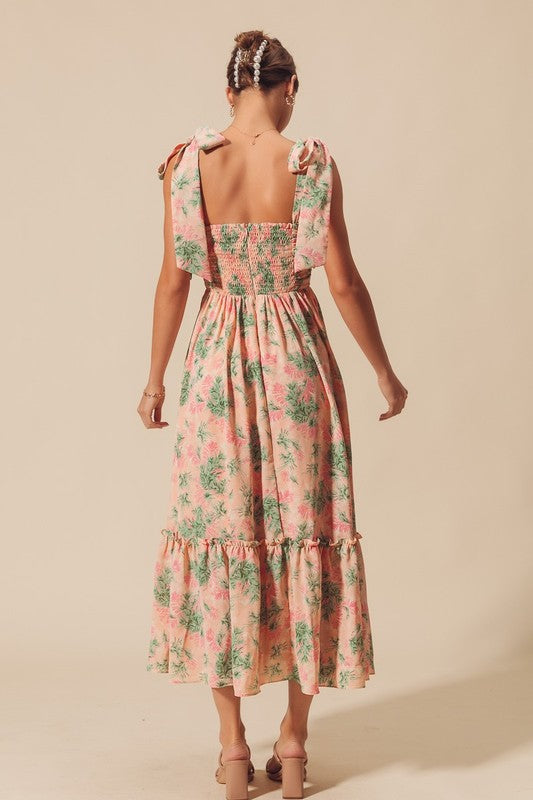 Floral Print Woven Dress with Ribbon Tie Straps