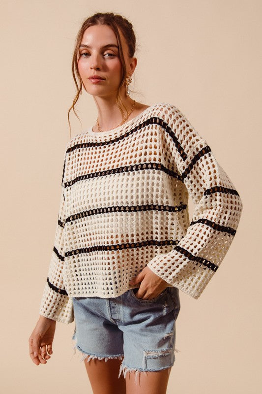 Striped Open Knit Boat Neck Sweater