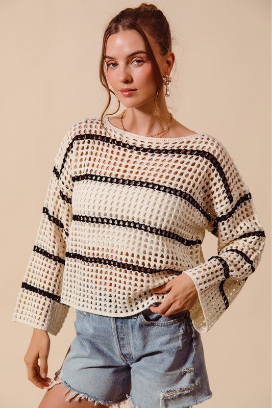 Striped Open Knit Boat Neck Sweater