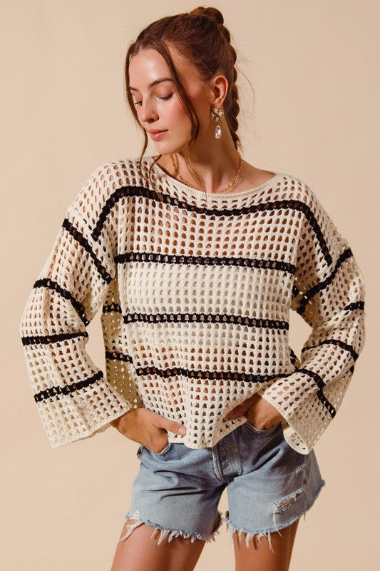 Striped Open Knit Boat Neck Sweater