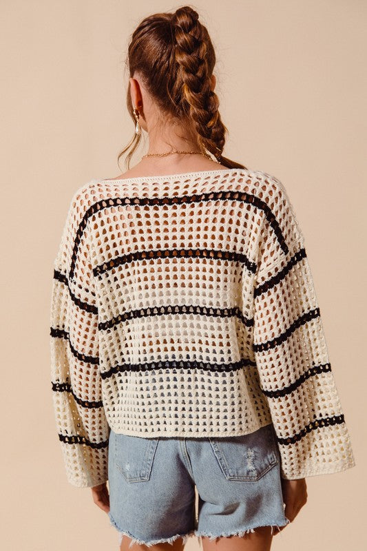Striped Open Knit Boat Neck Sweater