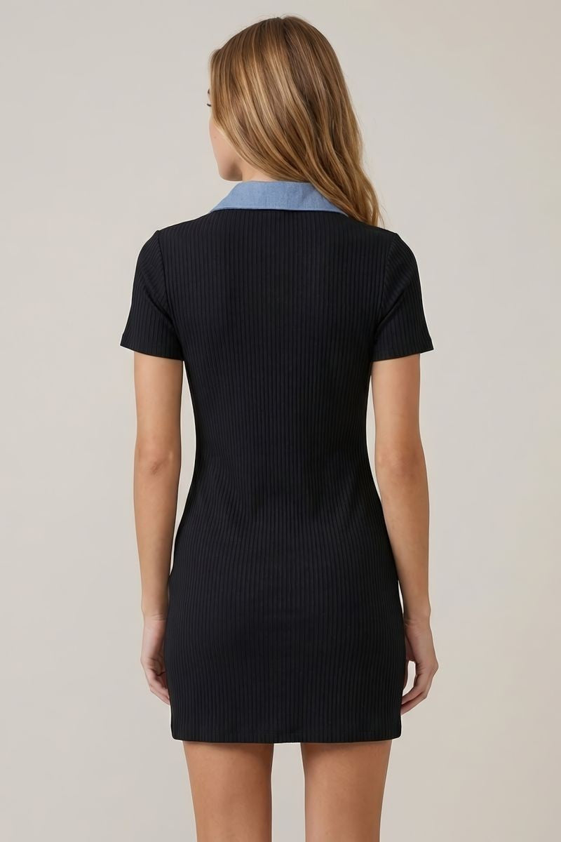 Denim Contrast Ribbed Dress