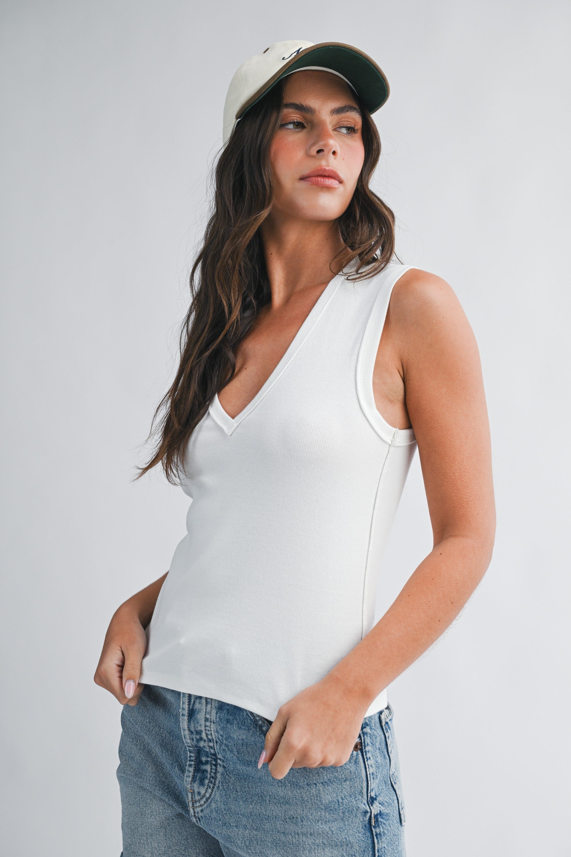 White Ribbed V-neck Tank Top