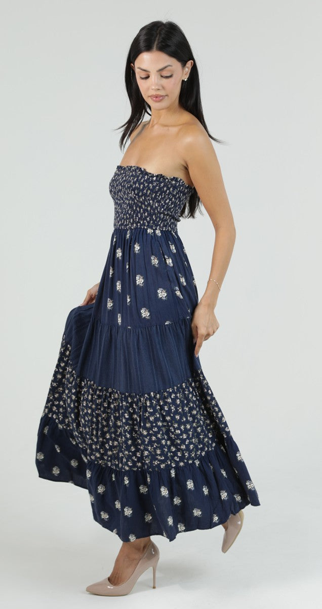 Navy Strapless Tiered Maxi
