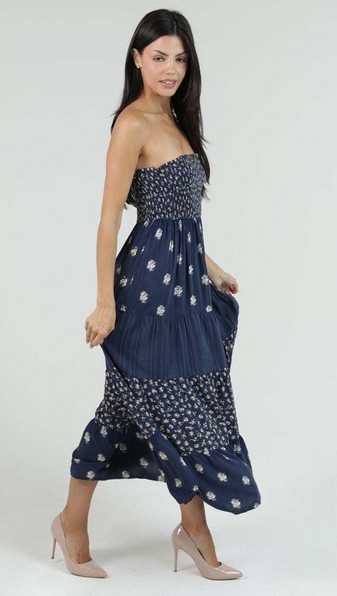 Navy Strapless Tiered Maxi