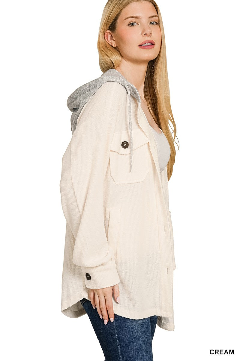 Cream Brushed Rib Hooded Shacket