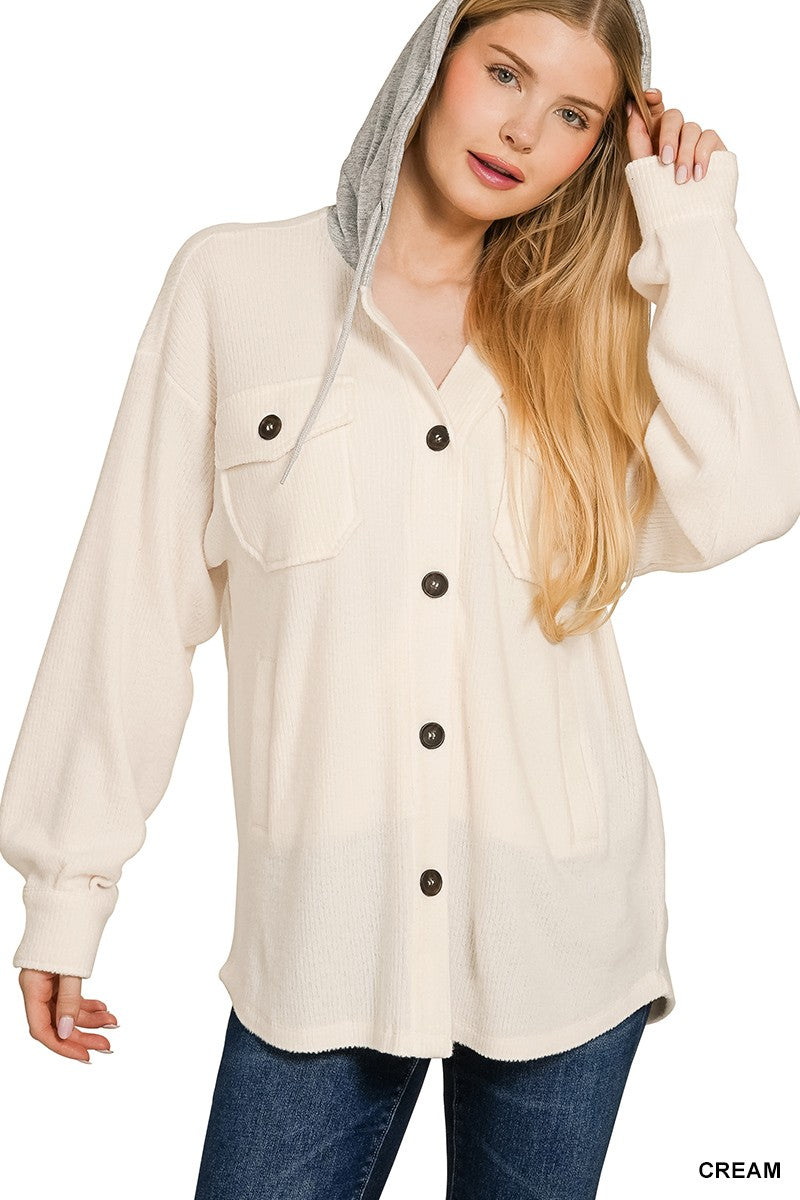 Cream Brushed Rib Hooded Shacket